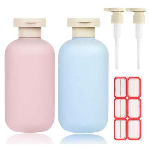 6.8oz Refillable Shampoo and Conditioner Bottles, 2PCS Squeezable Travel Shampoo Bottles with Flip Cap and 2PCS Pump Dispenser and Labels