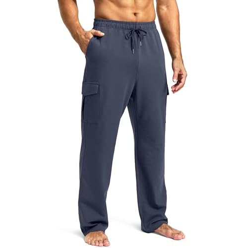 Pudolla Men's Cotton Sweatpants with Cargo Pockets Open Bottom Yoga Pants for Men Lounge Pants for Athletic Workout Casual