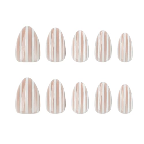 Short Almond Press-On Nails – Pink & White Stripe Artificial Nails Theme