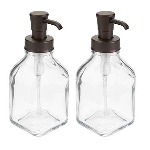 mDesign Square Glass Refillable Liquid Soap Dispenser Pump Bottle for Bathroom Vanity Countertop, Kitchen Sink - Holds Hand Soap, Dish Soap, Hand Sanitizer, Essential Oils - 2 Pack - Clear/Bronze