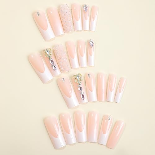 Sokfone Press on Nails French Tip False Nails Square Long Fake Nails with Heart-Shaped 3D Rhinestone Charm Designs Acrylic Nails Full Cover Nail Decorations Stick on Nails for Women 24Pcs