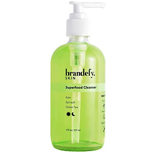 Brandefy Superfood Gentle, PH Balanced Gel Face Wash with Kale, Green Tea, Spinach, Vitamin C, E, K2, Antioxidants - Brightening, Vegan Face Wash for All Skin Types, 8 fl. oz.