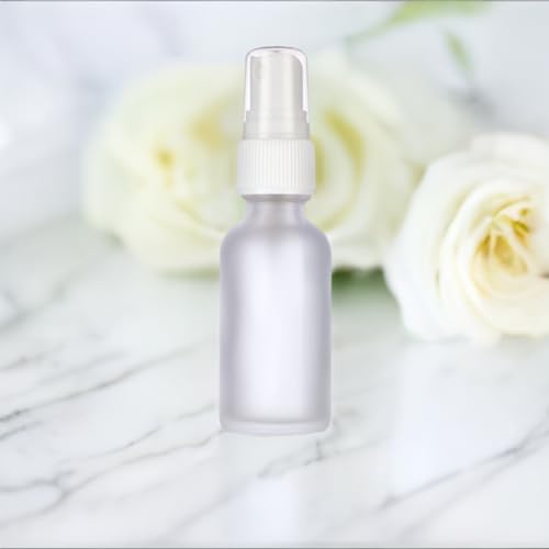 JUVITUS (24 pack) 1 oz Clear Frosted Glass Boston Round Bottle with White Fine Mist Spray + Funnel