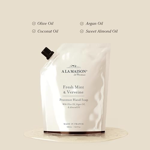 A LA MAISON Hand Soap Refill Pouch ? Fresh Mint & Verveine ? Liquid Hand Wash Refill, Eco-Friendly & Recyclable ? Plant-Based, Biodegradable, Made in France ? 16.9 fl oz ? Amber Collection