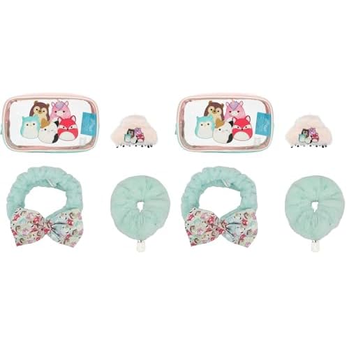 Squishmallows Treat Yourself 4-Piece Accessory Care Kit Clear Character Design Cosmetic Storage Travel Bag Gift Set (Pack of 2)