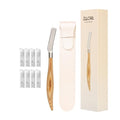 Wooden Eyebrow Razor - 8 Replacement Blades & Leather Pouch - Precision Eyebrow Trimmer & Dermaplaning Tool for Face Peach Fuzz, Lip Hair - Safety Mesh Guard