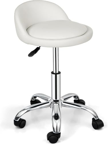 Nova Adjustable Rolling Salon Stool with Wheels - White