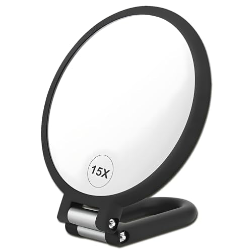 Black Double-Sided Magnifying Handheld Mirror 1X & 15X Travel Folding Design