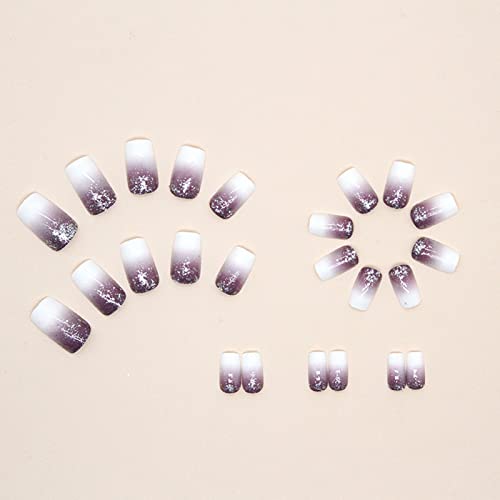 Press on Nails Short Square Fake Nails Purple White Gradient False Nails with Silver Glitters Design Full Cover Glue on Nails White Nail Tips Acrylic Nails Glossy Purple Stick on Nails for Women