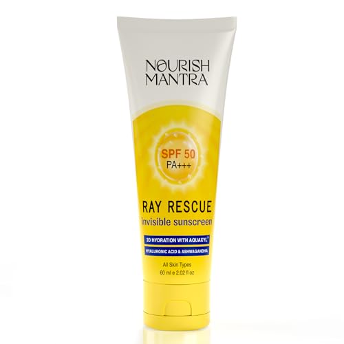 NOURISH MANTRA Ray Rescue Sunscreen/Sunscreen SPF 50/ With Hyaluronic Acid, Aquaxyl, Aloe Vera Extracts & Ashwagandha Extracts/No White Cast, (60 ml (Pack of 1))