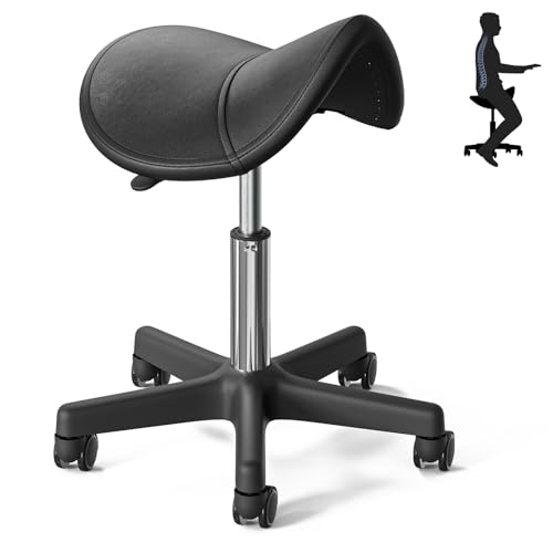 CLORIS Saddle Rolling Stool Hold up to 400 LBS Height Adjustable Swivel Chair Nylon Feet with Wheels for Spa, Massage, Salon, Home, Office, Medical, Tatoo, Bar Black