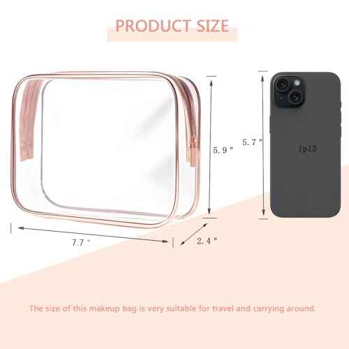 Clear Toiletry Bag, 3 Packs TSA Approved Water resistant Travel Organizer, Airport Airline Travel Essential Carry On Makeup Cosmetic Bags for Women, RosePink - 3 packs