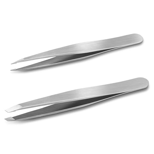 Cut it Precision Tweezers Set with Travel Case - Pointed & Slant Tips for Eyebrow & Facial Hair Removal