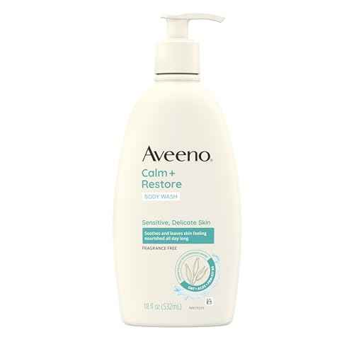 Aveeno Calm + Restore Daily Body Wash for Sensitive, Delicate Skin, Gentle Cleanser with Oat, Aloe & Pro-Vitamin B5 Soothes & Leaves Skin Feeling Nourished, Fragrance Free, 18 fl. oz
