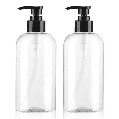 Empty Pump Bottles Dispenser 12.85oz/380ml, Refillable Clear BPA-Free Plastic Pump Bottle for Shampoo, Lotion, Soap and Massage Oil, 2 Pack