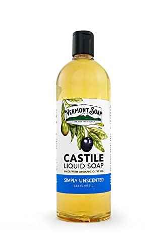 Vermont Castile Unscented Gentle Liquid Soap for Sensitive Skin, Natural Body Wash, Organic Hair Shampoo for Oily Hair, Aloe for Men & Women - 33.8 Oz
