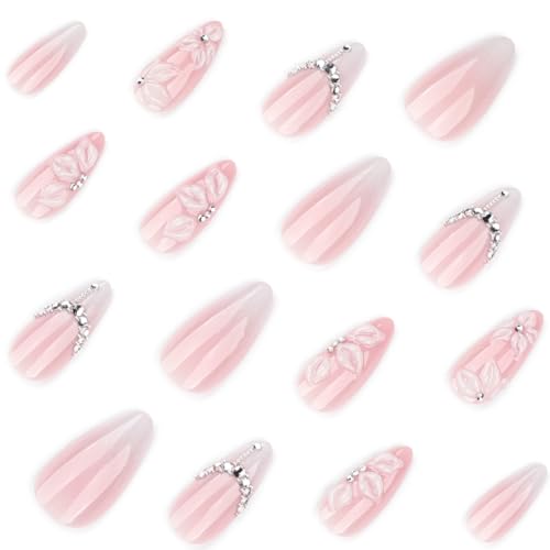 Summer White Almond Press-On Nails with 3D Flower & Crystal Design - 24 Pcs