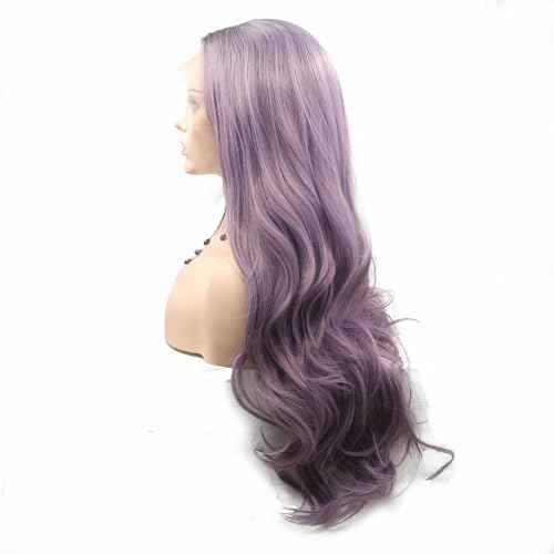 24" Ombre Purple Wigs Long Wavy Synthetic Lace Front Wigs for Women Dark Root to Violet Purple 2 Tones Middle Part Natural Looking Synthetic Heat Resistant Fiber Wig for Daily Party Use