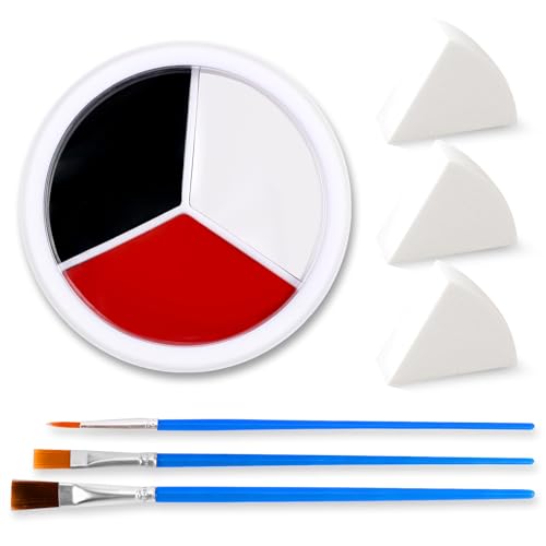 Face & Body Paint Kit - 3 Colors (Black, White, Red) + Brushes & Sponges