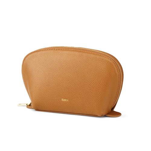 Kattee Medium Leather Makeup Bag for Women - Brown Cosmetic Organizer