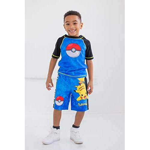 Pokemon Raglan Rash Guard and Swim Trunks UPF 50+ Outfit Set Little Kid to Adult Sizes (4 - Large)