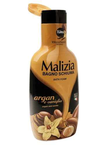 Malizia: Velvety Bath Foam, Argan and Vanilla Scent 33.8 Fluid Ounce (1000mL) Bottle [ Italian Import ]