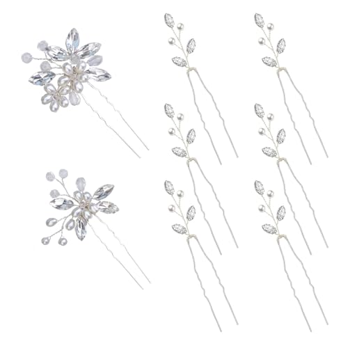 Yandino 8 Pieces Wedding Hair Pins for Bridal Silver Rhinestone Hair Pins Wedding Hair Accessories for Brides Bridesmaids Women Girls