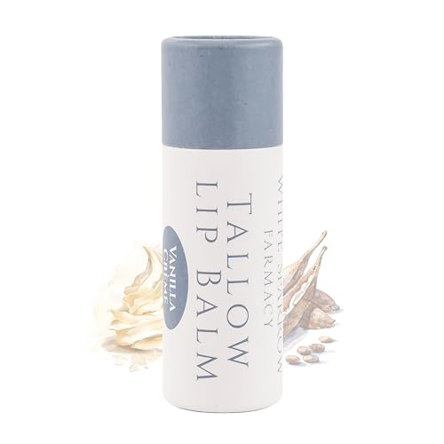 Organic Tallow Lip Balm (Vanilla Cr?me) from Grass Fed Cows. Super hydrating with Tallow, Olive Oil, Honey, and Beeswax. Sustainable Cardboard Tubes & Hand Filled. Jumbo Size 0.5 oz.