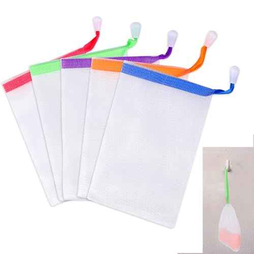 Mozeat Lens 5 PCS Soap Bags Handmade Soap Bubble Mesh Bags Exfoliating Soaps Saver Pouch Net Bag with Drawstring Body Facial Cleaning Tool for Bath & Shower (Assorted Colors)
