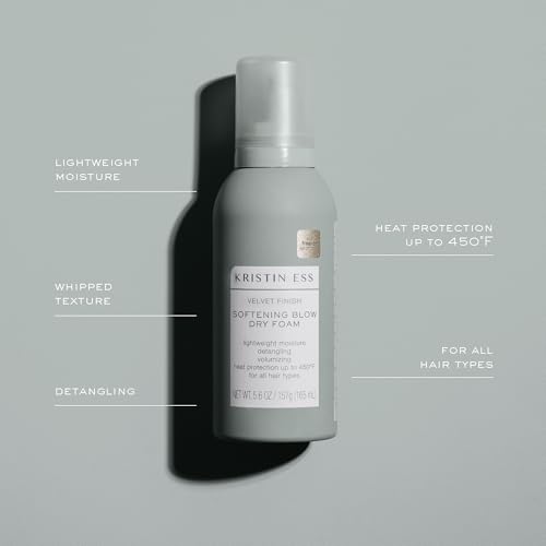 Kristin Ess Heat Protectant Hair Mousse for Women, 4-in-1 Volumizing Styling Foam for Blow Out that Softens, Detangles, Adds Shine and Reduces Frizz for Long Lasting Hairstyle for Fine to Curly Hair