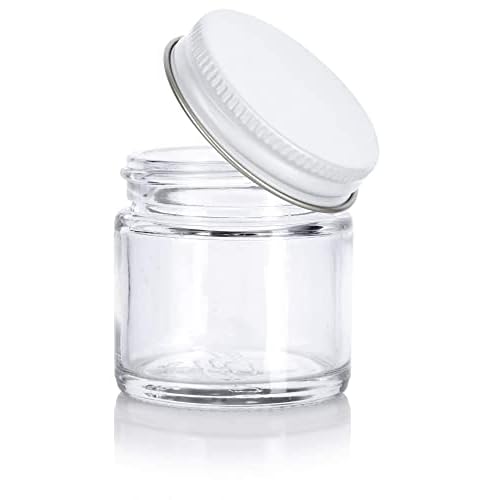 (6 pack) 1 oz / 30 ml Clear Thick Glass Straight Sided Jar with White Metal Airtight Lid