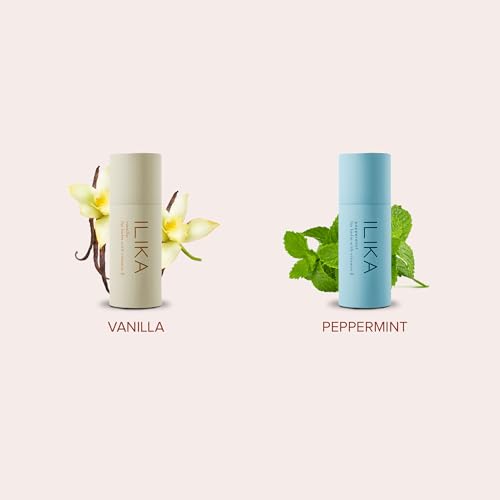 ILIKA 100% Natural Lip Balm - 2X Volume, Organic, Plastic-free, Vegan, COSMOS Certified Organic, PETA Certified, Plant-Based, Biodegradable tube, 2 Pack, Vanilla & Peppermint - 0.3 oz each