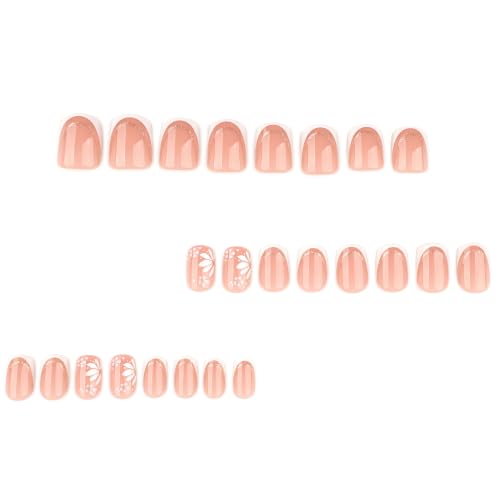 Stbisen 60-Blush Daisy French White Tip Square Press On Nails Short Nude Pink with Gold Glitter & Floral Design