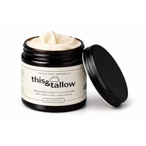 This and That Organics: Natural Handmade Whipped Beef Tallow Face and Body Balm, 100% Grass Fed, Organic Body Butter with infused Cold-pressed Olive Oil, for Eczema, Rosacea, Baby - (4oz, Unscented)