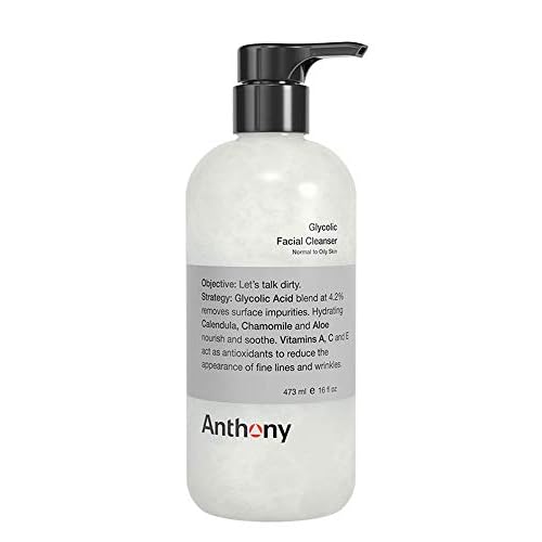 Anthony Glycolic Facial Cleanser for Men, Daily Exfoliating & Hydrating Face Wash, Shave Prep, Non-Foaming, Deep Cleansing, Gentle on Sensitive Skin, Removes Dirt & Oil, Smooths Texture, 16 Fl Oz