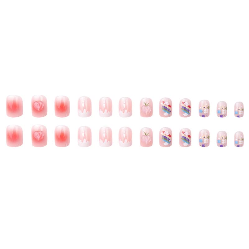 DOUBNINE Press On Nails Short Square Pink Flower Rainbow Blooming French Tip Gossry Acrylic False Nails with Glue Ballerina Spring Look Full Cover Stick On Nails for Women