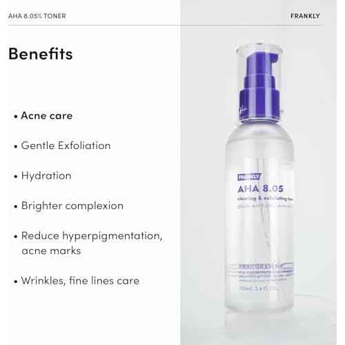 FRANKLY AHA 8.05% Toner | Pore-Refining Exfoliator with Glycolic Acid, 17 Amino Acids, Hyaluronic Acid | Smooths Texture, Hydrates, Targets Flakiness | Korean Skin Care 3.38 fl oz