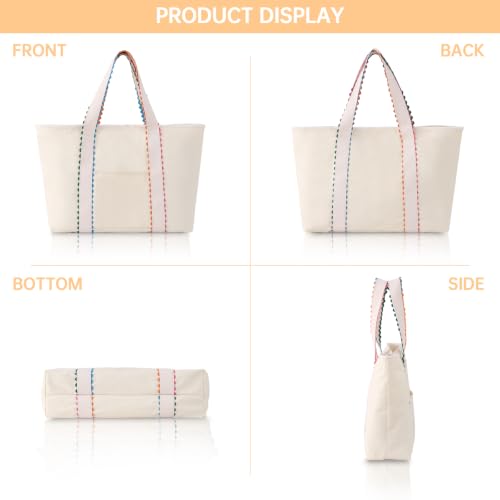 Rainbow Rick Rack Tote Bag for Women - Natural Cotton Canvas, Reinforced Handles