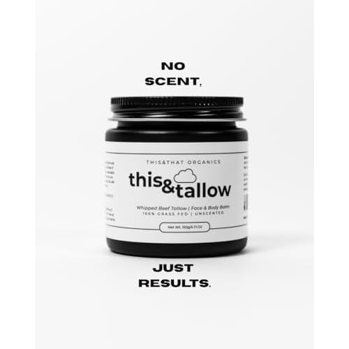 This and That Organics: Natural Handmade Whipped Beef Tallow Face and Body Balm, 100% Grass Fed, Organic Body Butter with infused Cold-pressed Olive Oil, for Eczema, Rosacea, Baby - (4oz, Unscented)