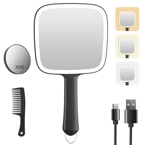 Rechargeable Lighted Hand Mirror with 30X Magnifying, 3 Color LED