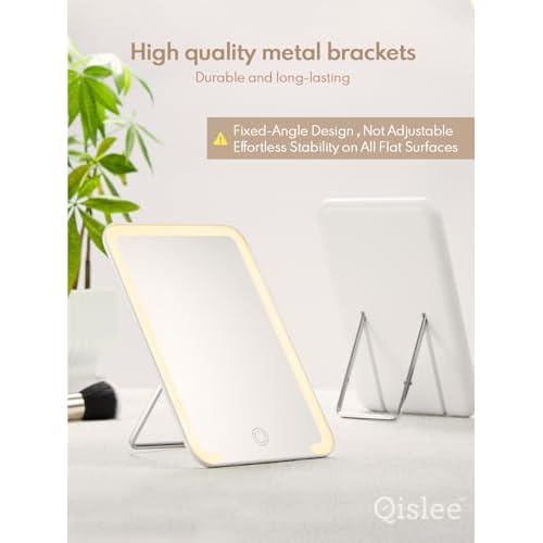Qislee Travel Makeup Mirror with Lights, 3 Color Modes, 8 x 5 inches Desk Mirror with Foldable Stand, Touch Dimming, Perfect Travel Accessory, White