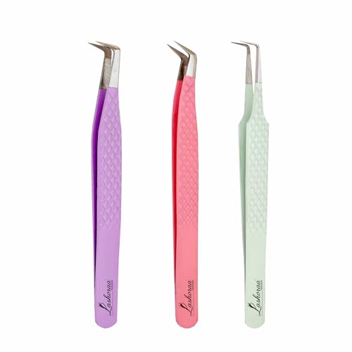 LASHORAA Lash Tweezers Set for Eyelash Extensions - 3 Piece Precision Fiber Tip Diamond Grip, Volume, L-Shape Boot, 90 Degree Tweezers - Includes Leather Case for Classic Lashes & Premade Fans