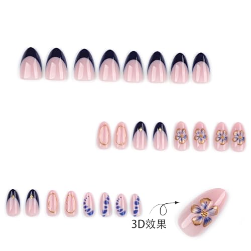 Medium Almond Blue French Tip Press-On Nails with 3D Flowers - 24 Pcs