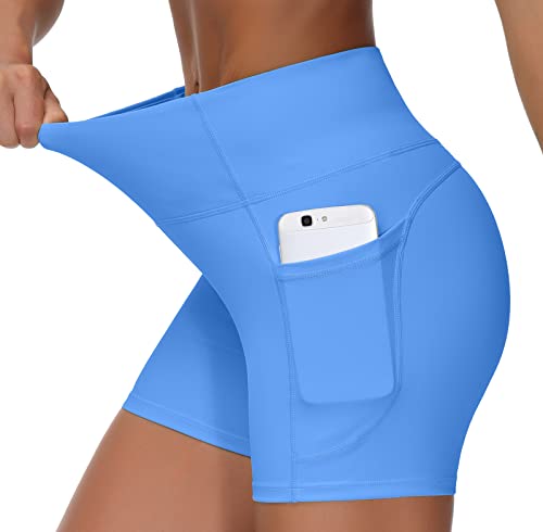 THE GYM PEOPLE High Waist Yoga Shorts for Women's Tummy Control Fitness Athletic Workout Running Shorts with Deep Pockets(Small, Sea Blue)