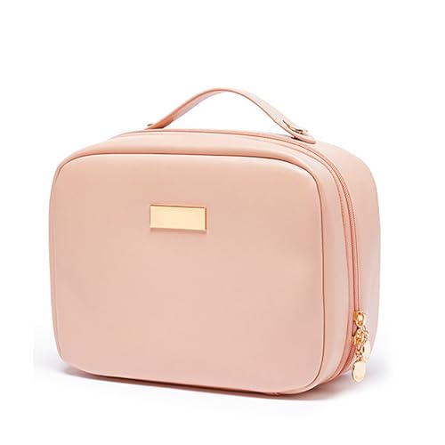 Travel Makeup Bag Large Capacity Transparent Double Sided Cosmetic Bags with Makeup Brush Compartment- PU Waterproof Leather Makeup Toiletry Organizer Bag for Women,Pink