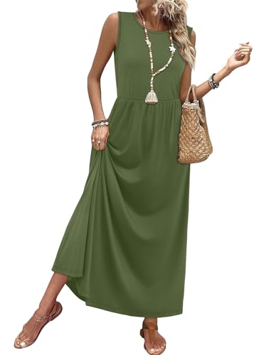 WIHOLL Summer Maxi Dresses for Women Flowing Long A-Line Sleeveless Sundresses with Pockets