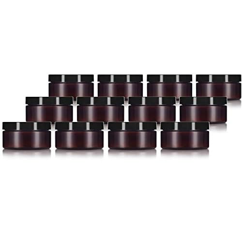 8 oz Amber PET Plastic Refillable Low Profile Jar Black Smooth Lid (12 pack)