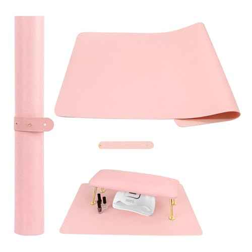 Foldable Nail Art Table Mat, Waterproof PU Leather Desk Mat for Manicure, Non-Slip Protective Pad for Nail Tech Salon Home, Portable and Easy Clean (Pink, 60x30cm)
