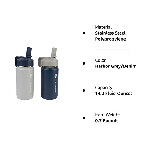 ThermoFlask 14 oz Double Wall Vacuum Insulated Stainless Steel 2-Pack of Water Bottles, Harbor Grey/Denim