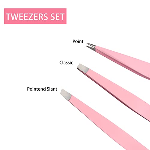 Tirdkid Tweezers for Women, 3 piece Pink Tweezers for Women Facial Hair, Precision Tweezers for Eyebrows, Hair Removal, Facial Hair, Ingrown Hair, Tweezers for Men, (Tweezers set 02)